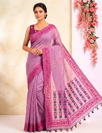 Soft Linen Saree – Lavender with Pink Jamdani Floral Woven Border