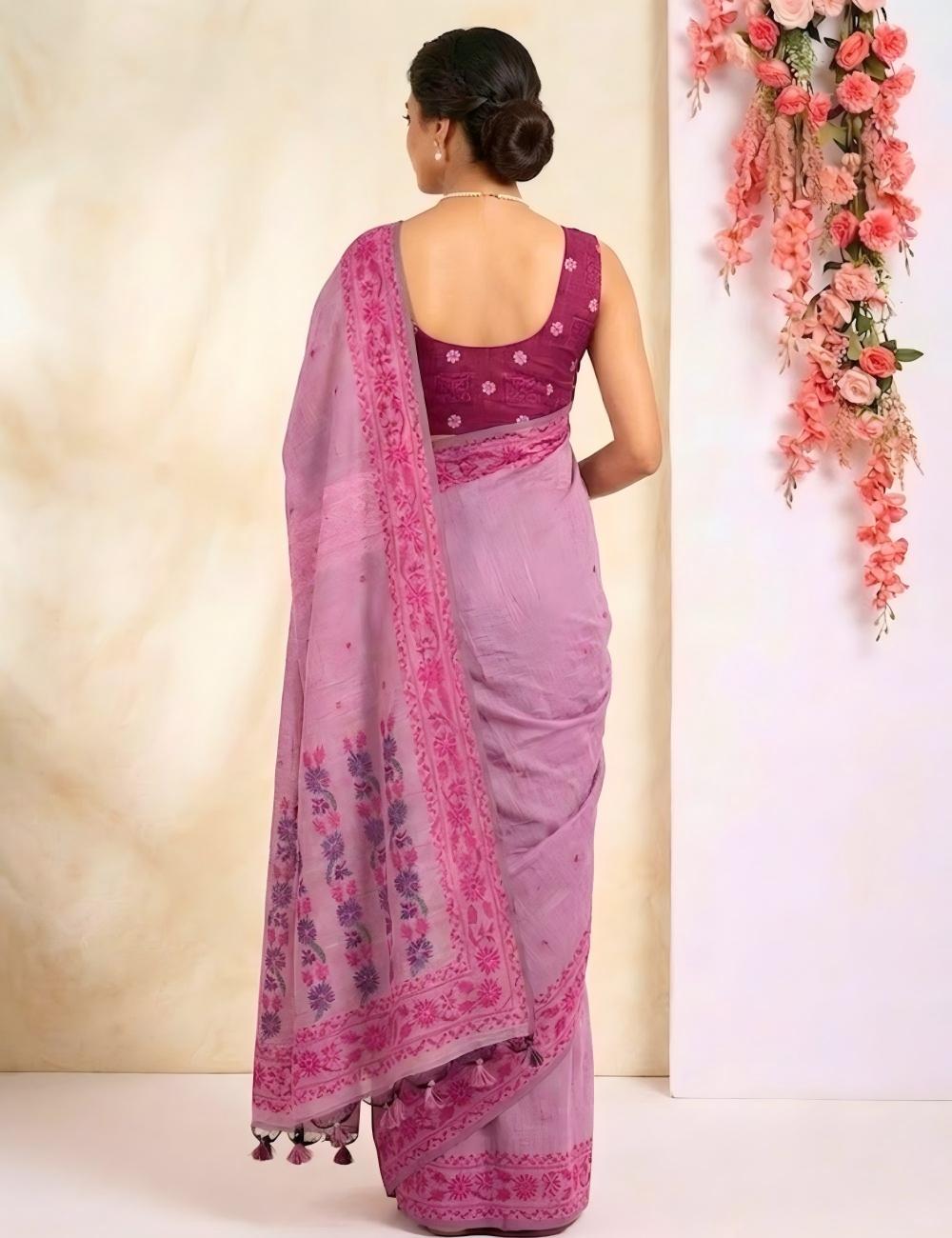 Soft Linen Saree – Lavender with Pink Jamdani Floral Woven Border