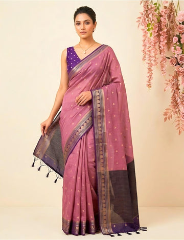 Mauve Kota Semi Silk Saree with Contrast Floral Border