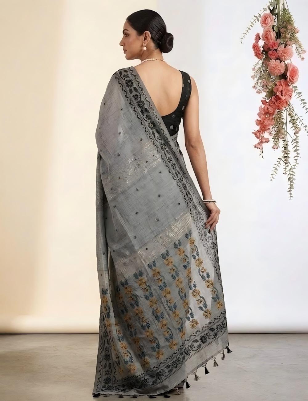 Soft Linen Saree – Steel Grey & Black Floral with Blouse
