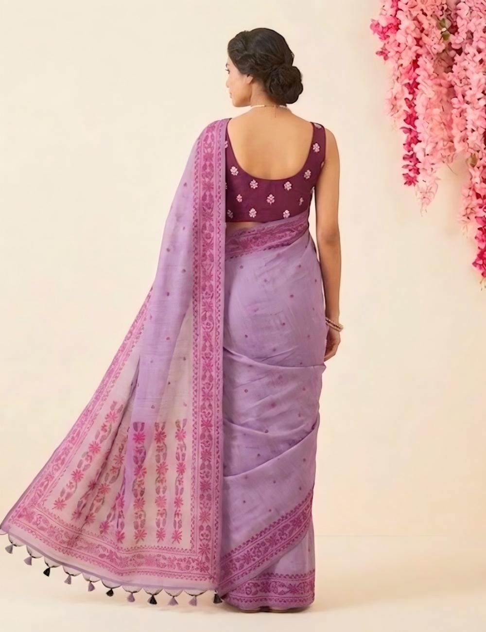 Soft Linen Saree – Lavender & Wine Floral with Blouse
