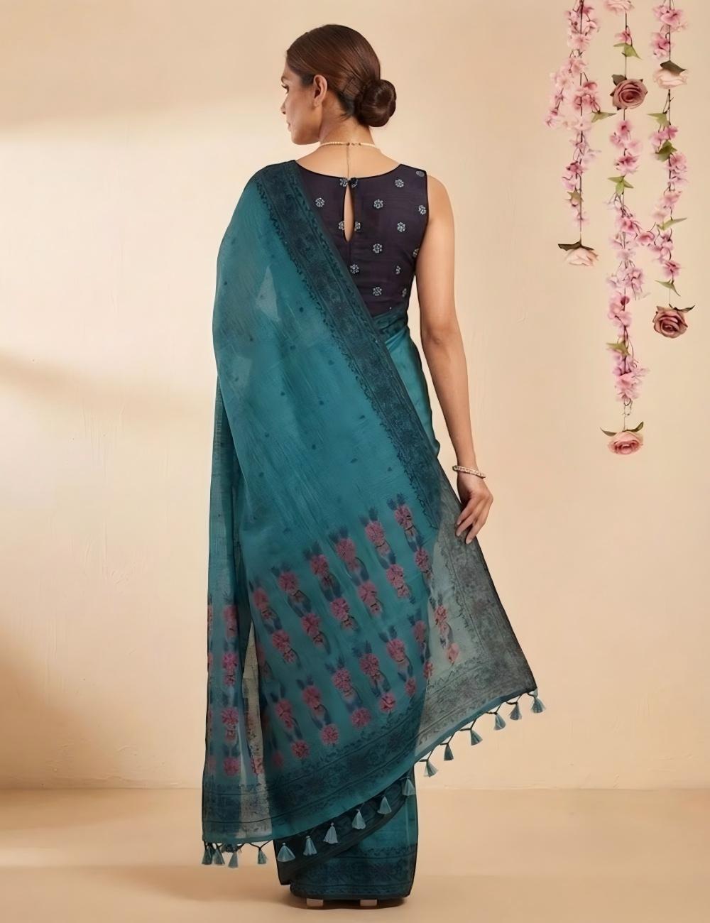Soft Linen Saree – Teal & Navy with Pink Floral & Blouse