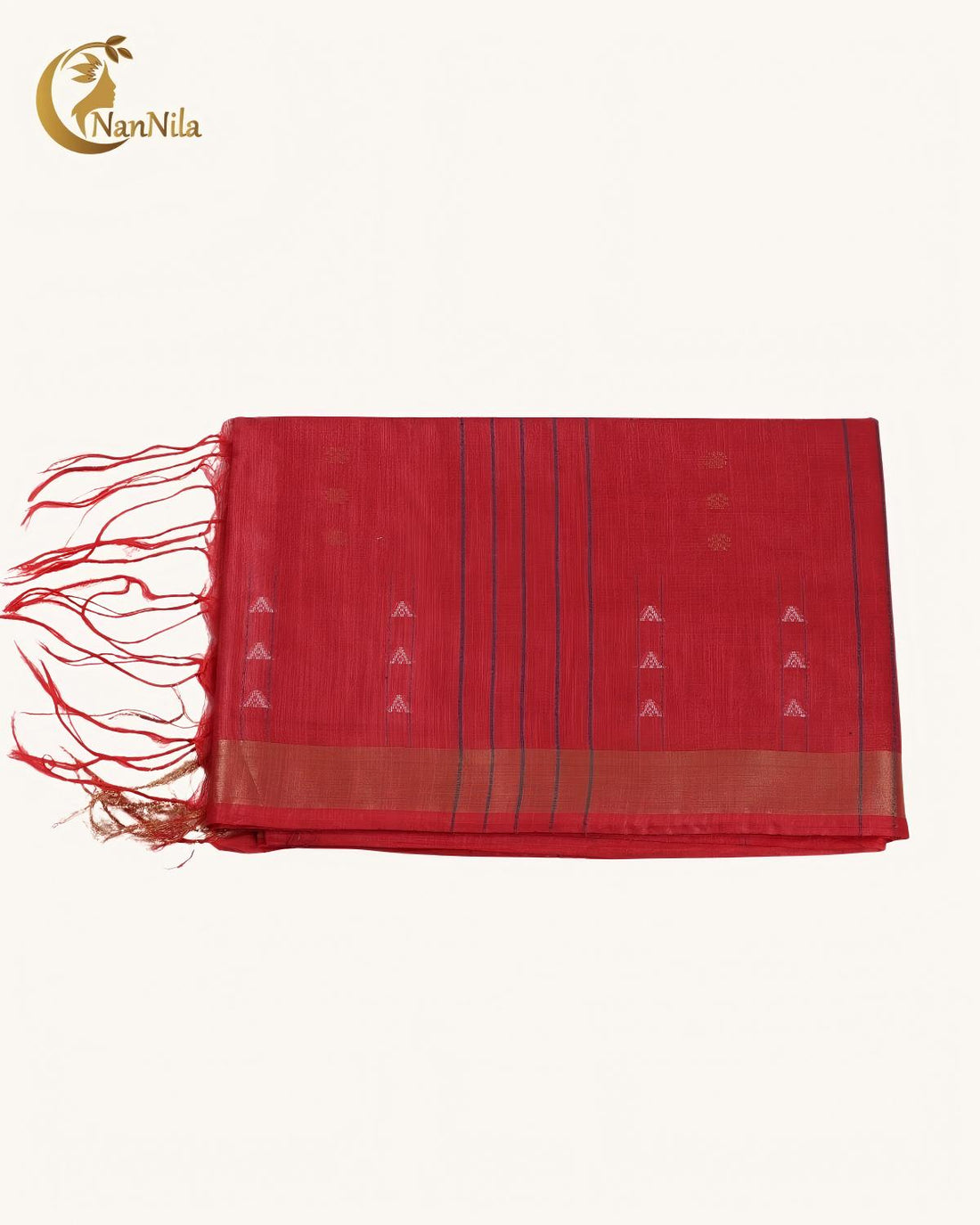 Crimson Red Cotton Saree with Gold Zari Border & Tassels