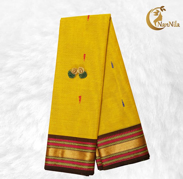 Kanchi Cotton Saree — Turmeric Butta with Stripe Chevron Border