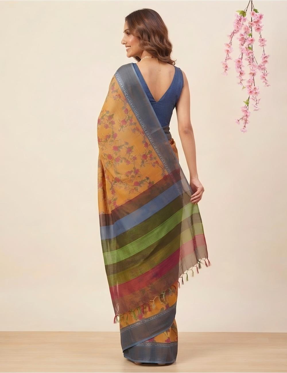 Mustard Tussar Silk Saree with Peacock & Rose Print