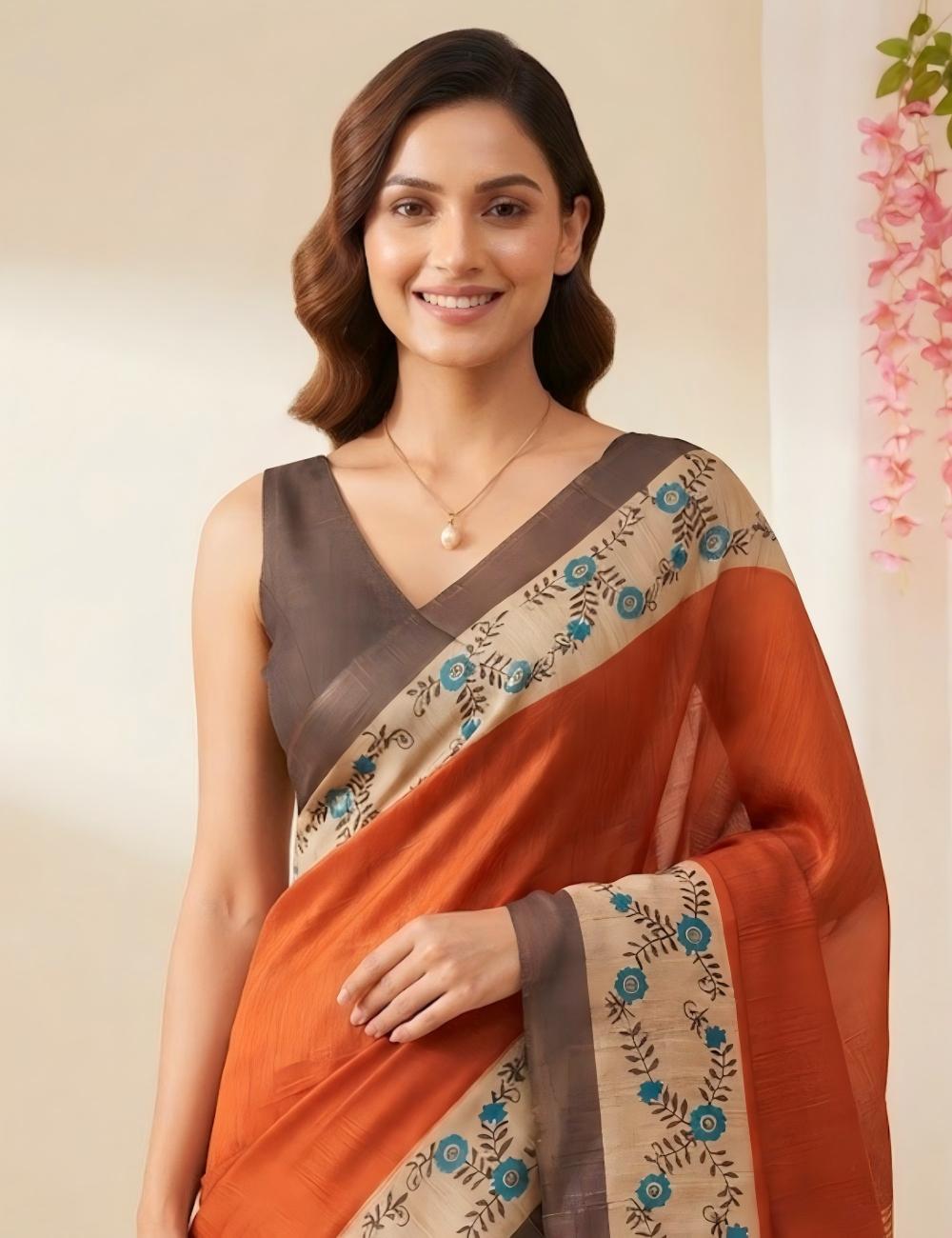 Orange Tussar Silk Saree with Hand-Painted Floral Border