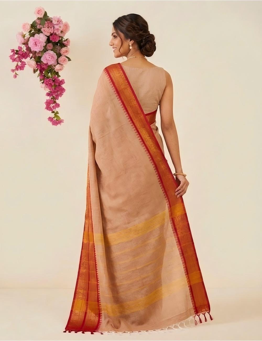 Kanchi Cotton Saree – Cream Beige Long Elephant Zari Border