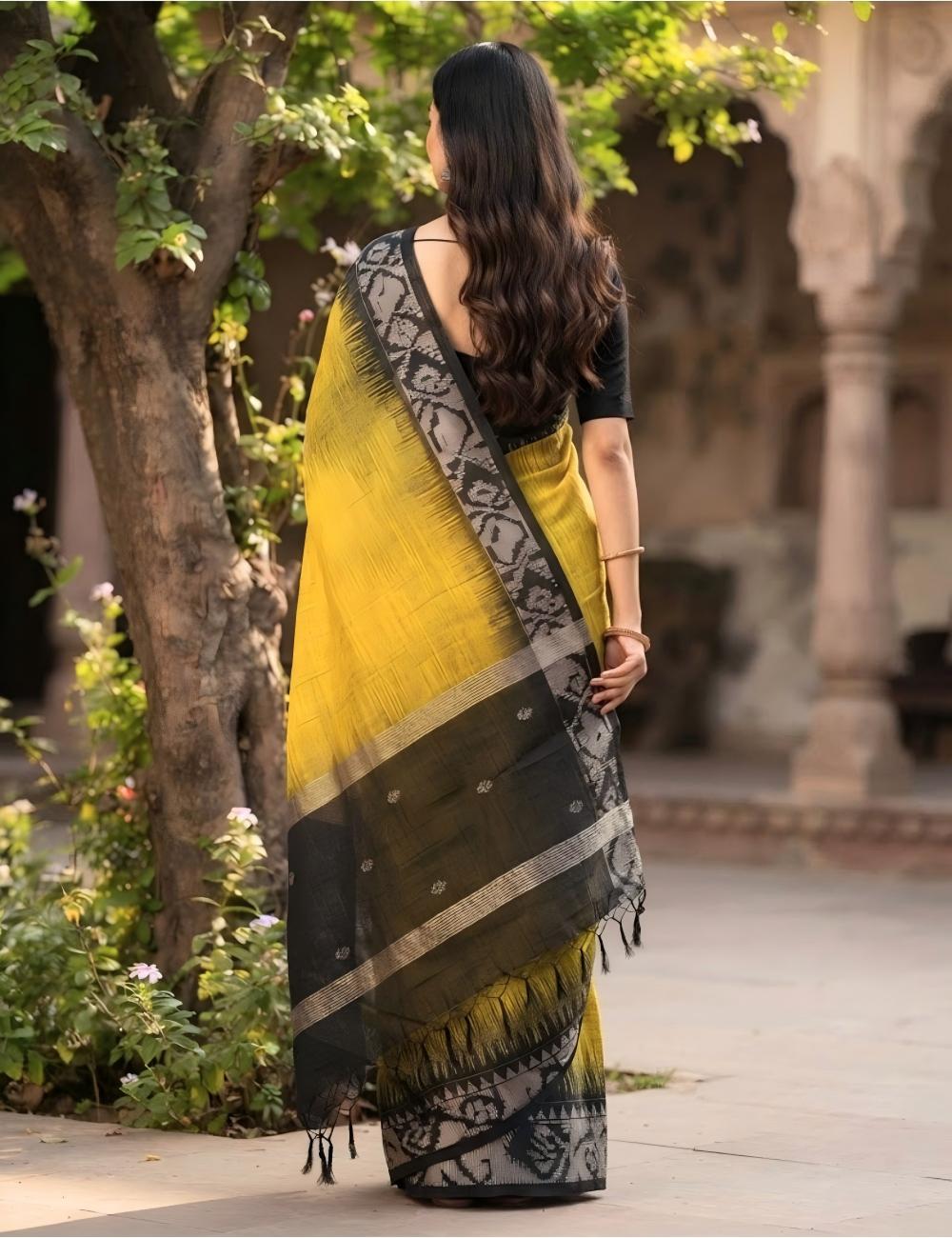 Mustard Gold Saree with Silver Zari Ikat Flame Border
