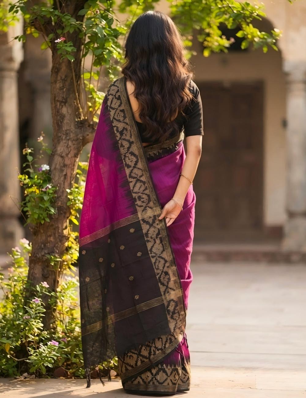 Vibrant magenta-pink body Saree with Silver Ikat Border