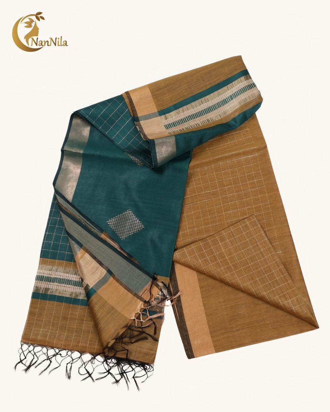 Teal Tussar Silk Saree with Diamond Motifs & Gold Border