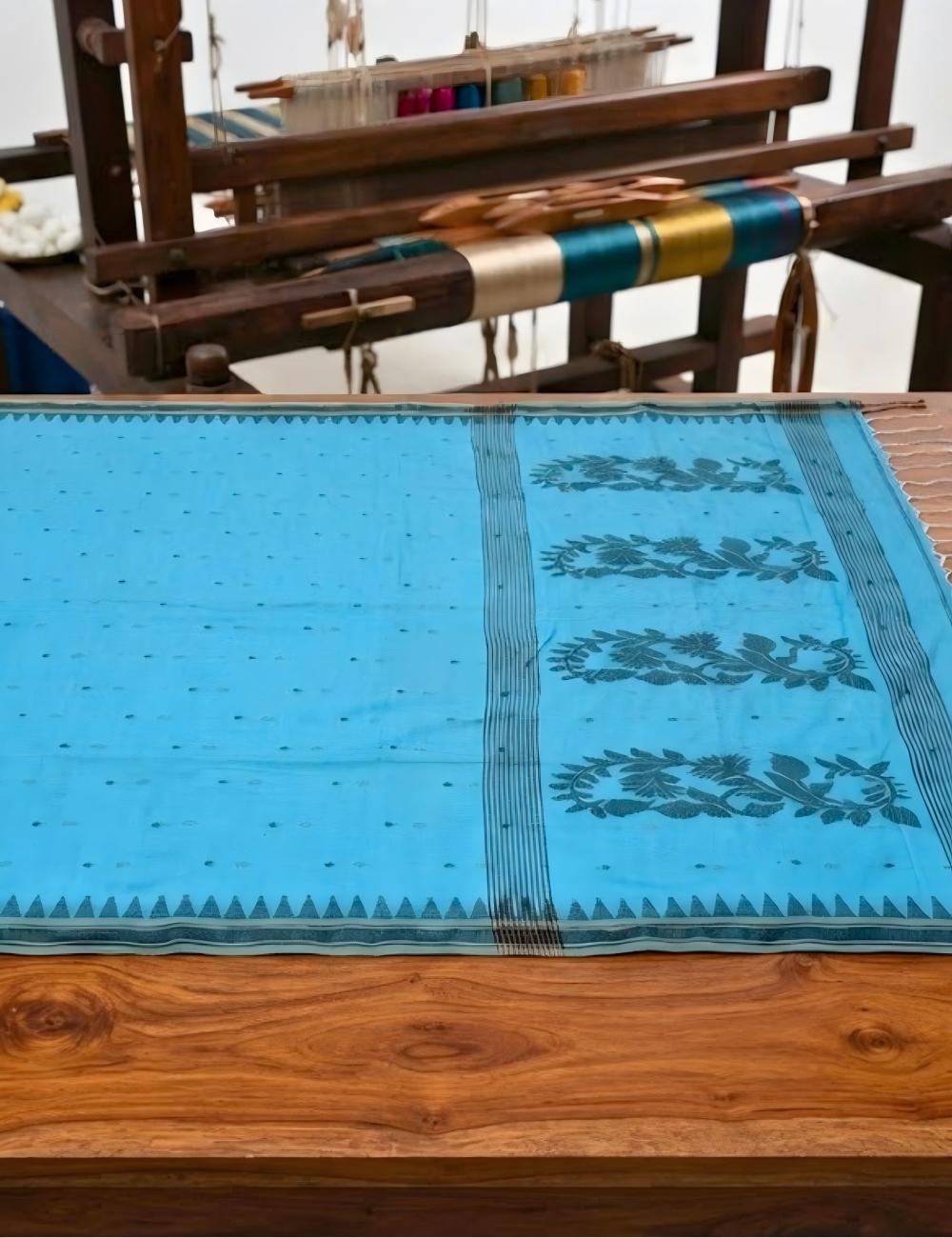 Sky Blue Handloom Cotton Saree with Temple Border