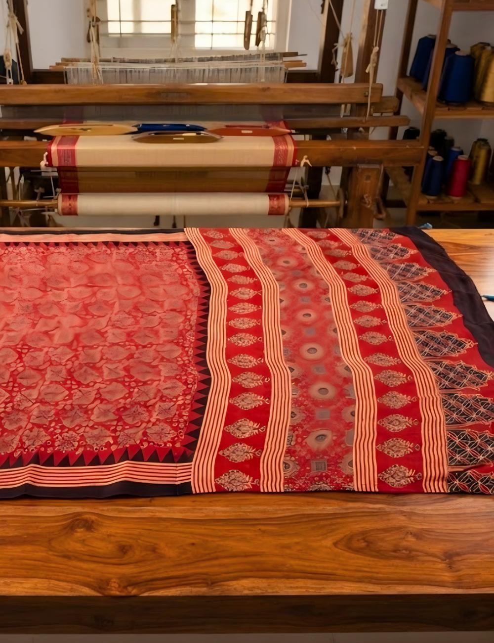 Ajrakh Modal Silk Saree – Red Black All-Over Geometric Block Print