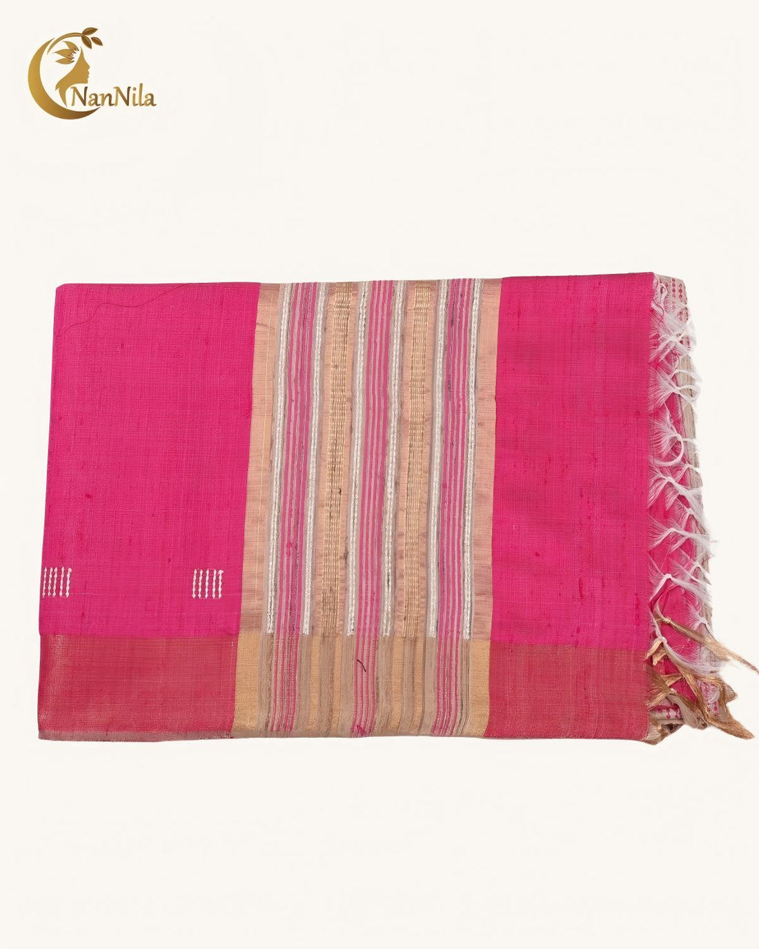 Rani Pink Tussar Silk Saree with Gold-Silver Stripe Bands