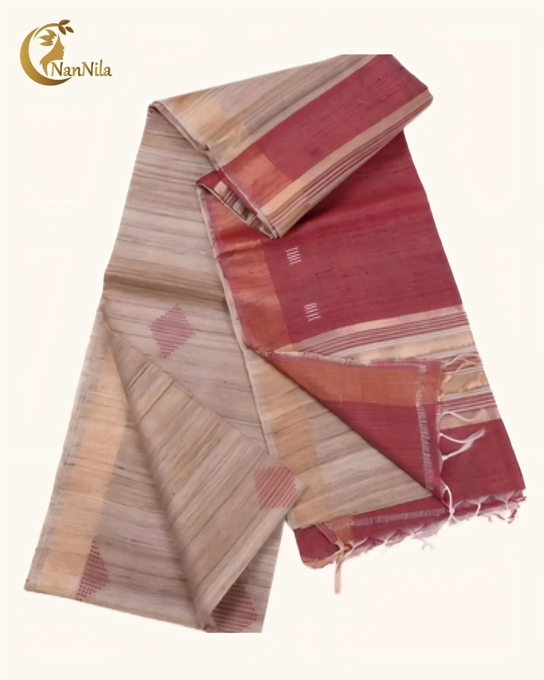 Maroon Tussar Silk Saree with Gold-Silver Stripe Bands
