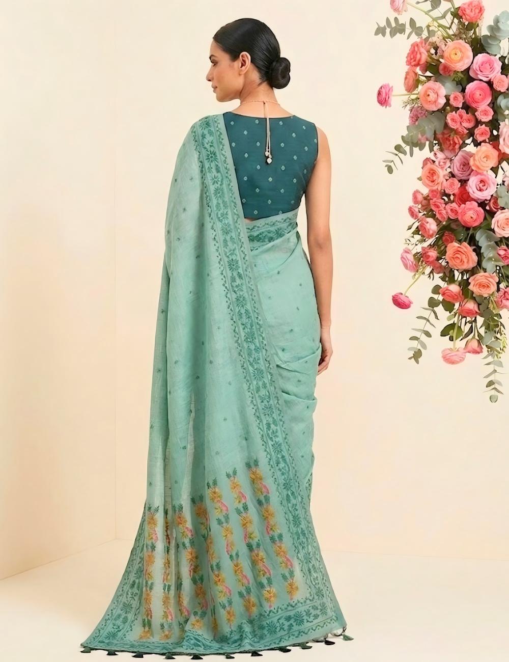 Soft Linen Saree – Seafoam Teal with Floral Pallu & Blouse Piece