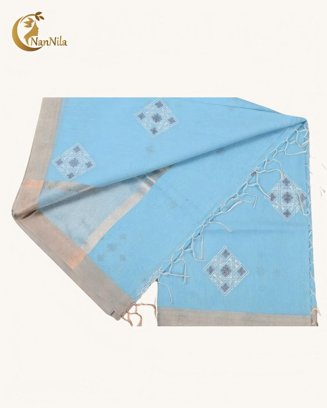 Sky Blue Cotton Saree with Silver-grey Border & Diamond Print