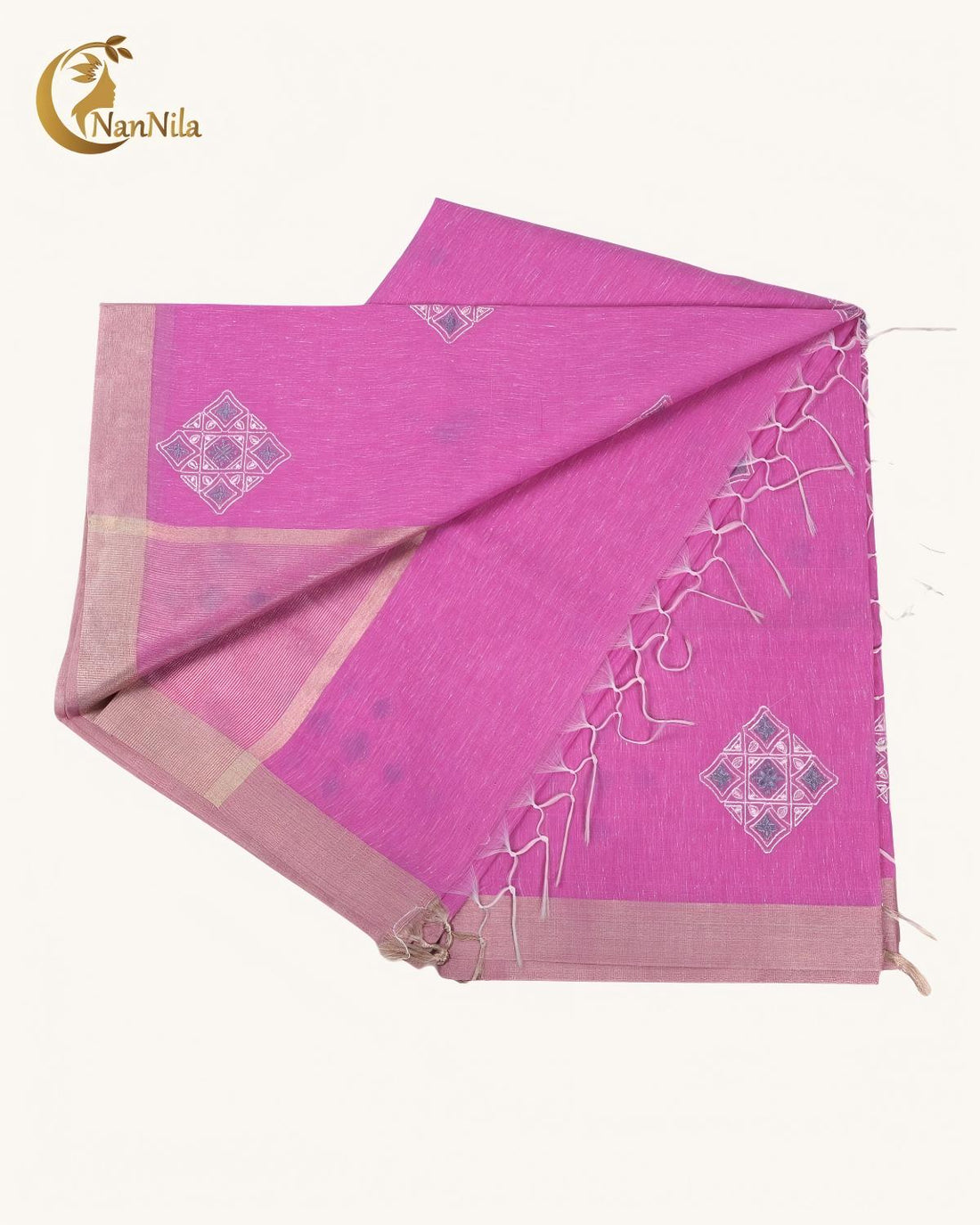 Magenta Pink Cotton Saree with Silver Diamond Motif & Border