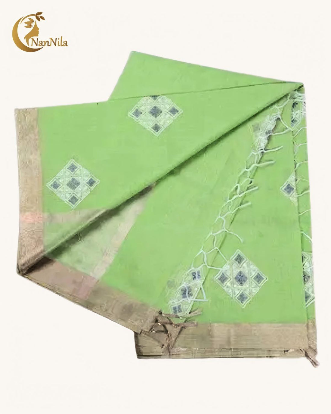 Pista Green Cotton Saree with Golden Border & Diamond Motif