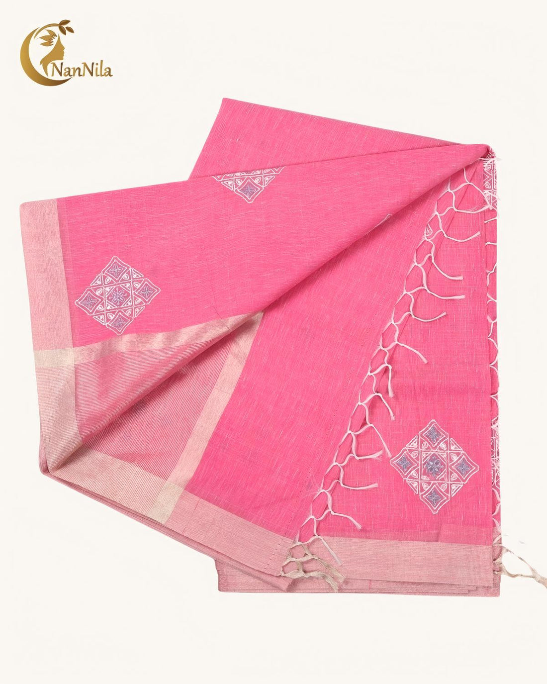 Pink Cotton Saree with Silver Zari Border & Diamond Motif