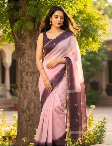 Mauve Ombre Tussar Silk Saree with Gold Buti Border