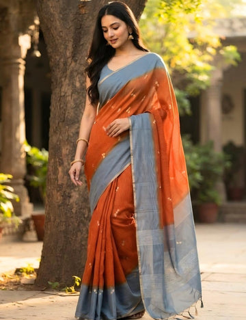 Rust Orange Kota Bhagalpuri Saree with Steel Blue Border