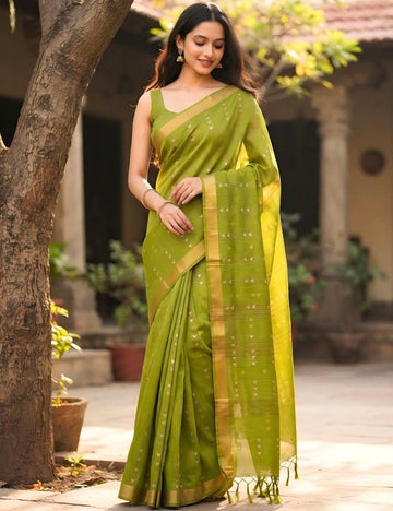 Olive Green Cotton Saree with Gold Zari Border & Motifs