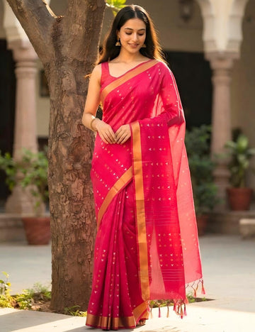 Red Cotton Saree with Gold Zari Border & Butta Motifs