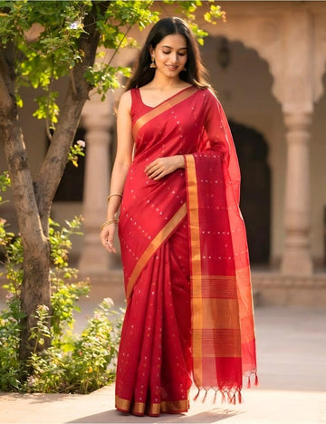 Crimson Red Cotton Saree with Gold Zari Border & Tassels