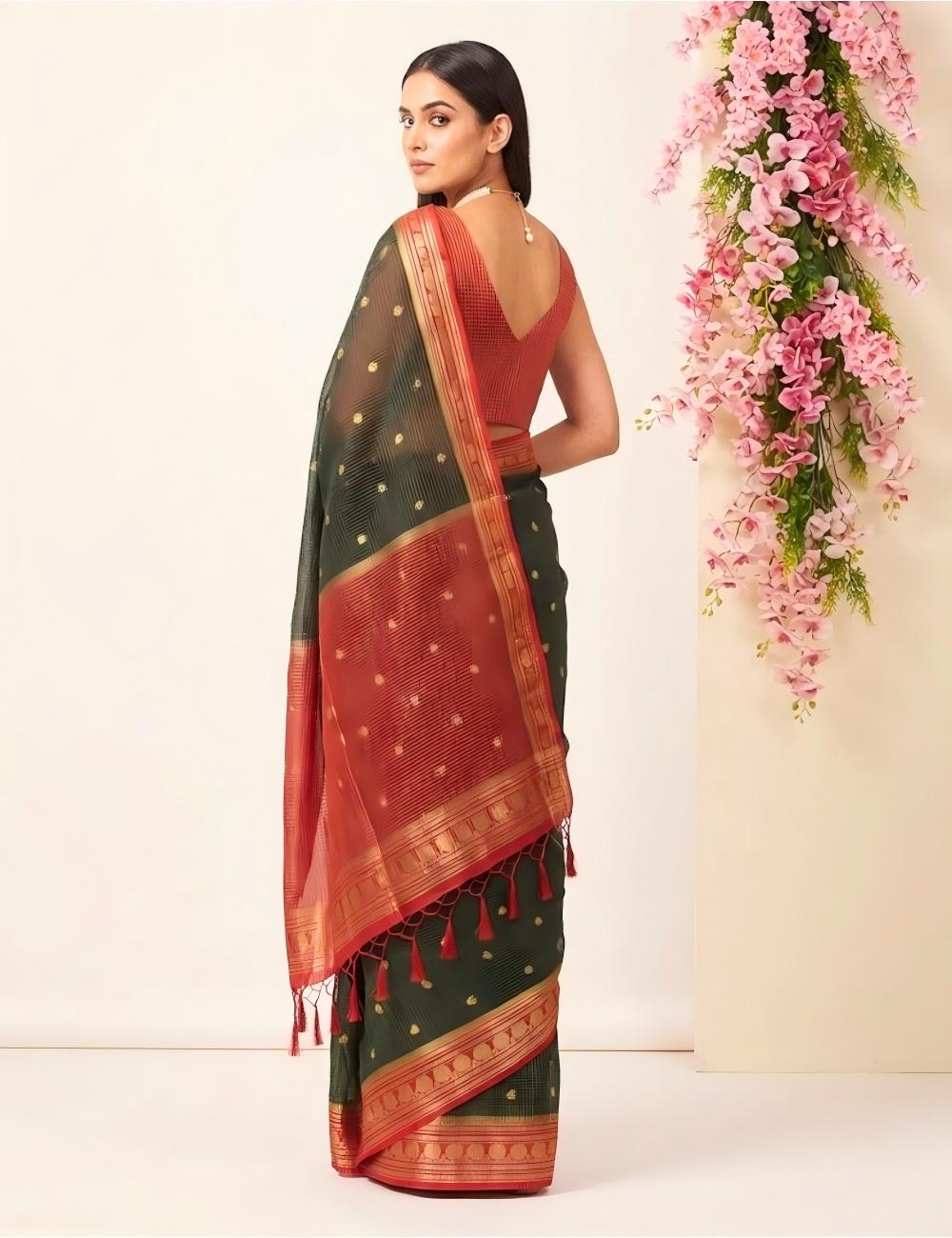 Bottle Green Kota Semi Silk Saree with Red Contrast Border
