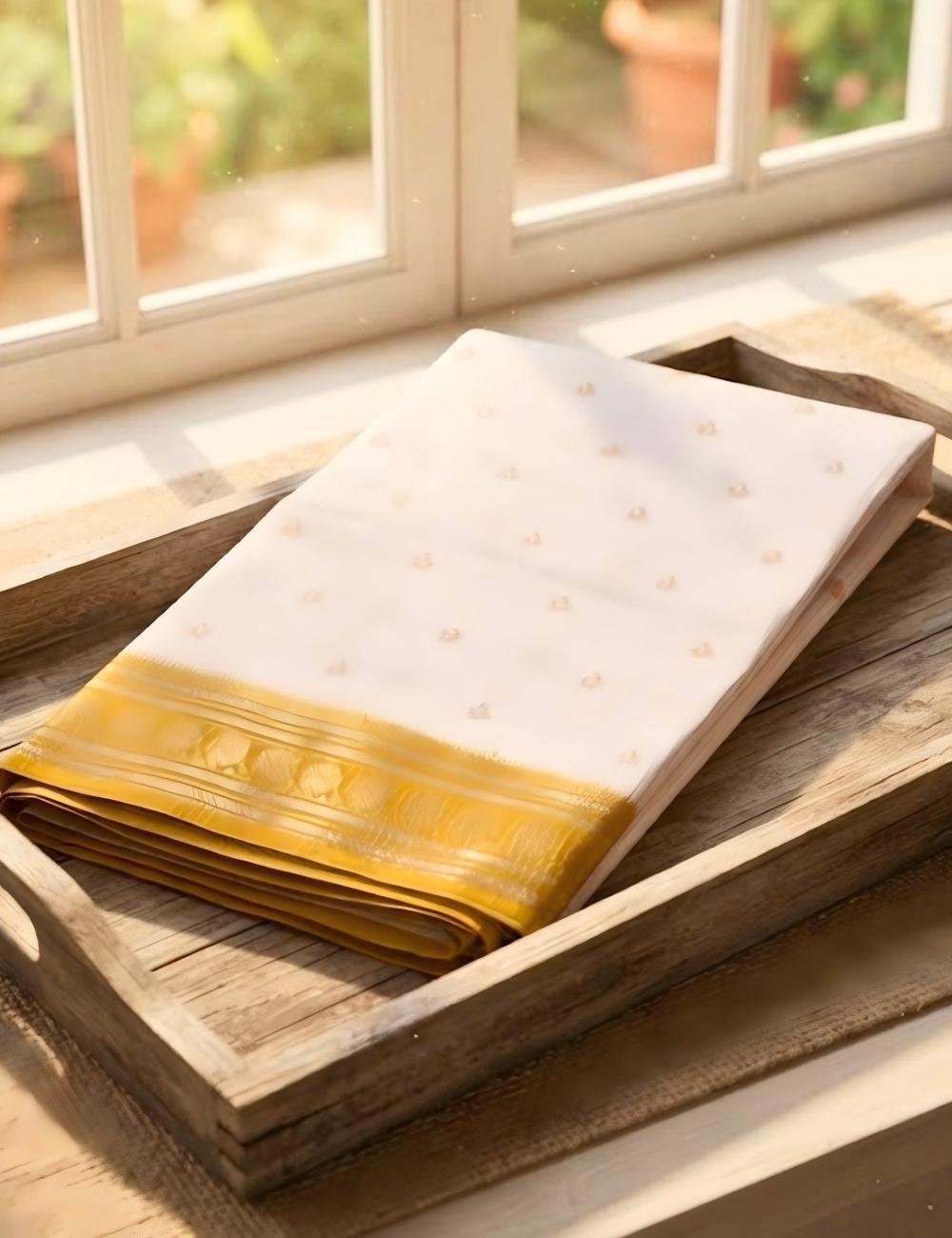 White Kota Semi Silk Saree with Golden Peacock Border