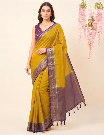 Mustard Gold Kota Semi Silk Saree with Purple Border