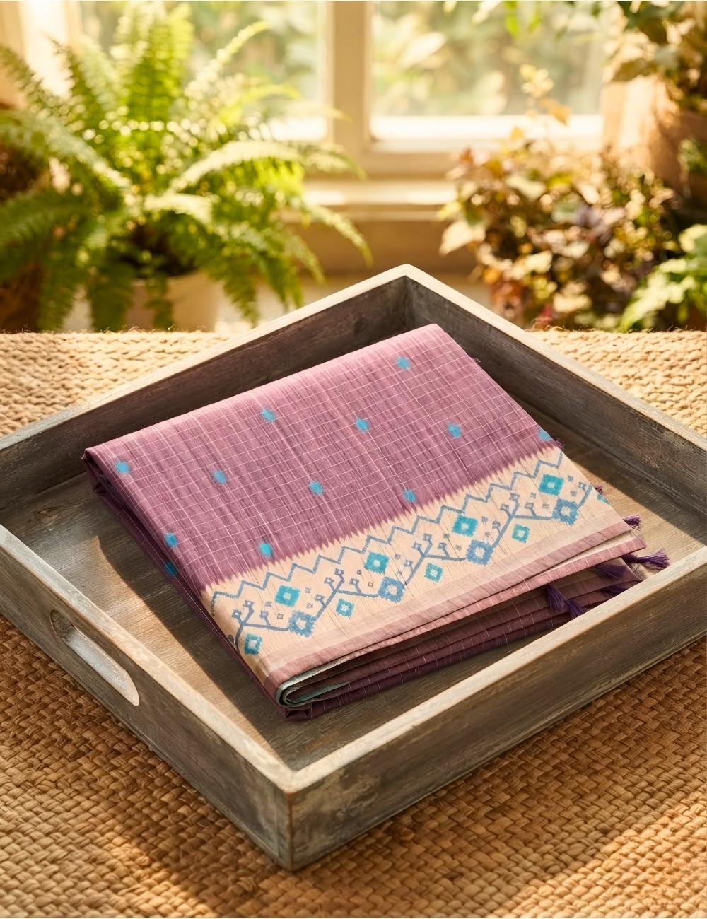 Mauve Purple Checked Saree with Turquoise Ikat Border