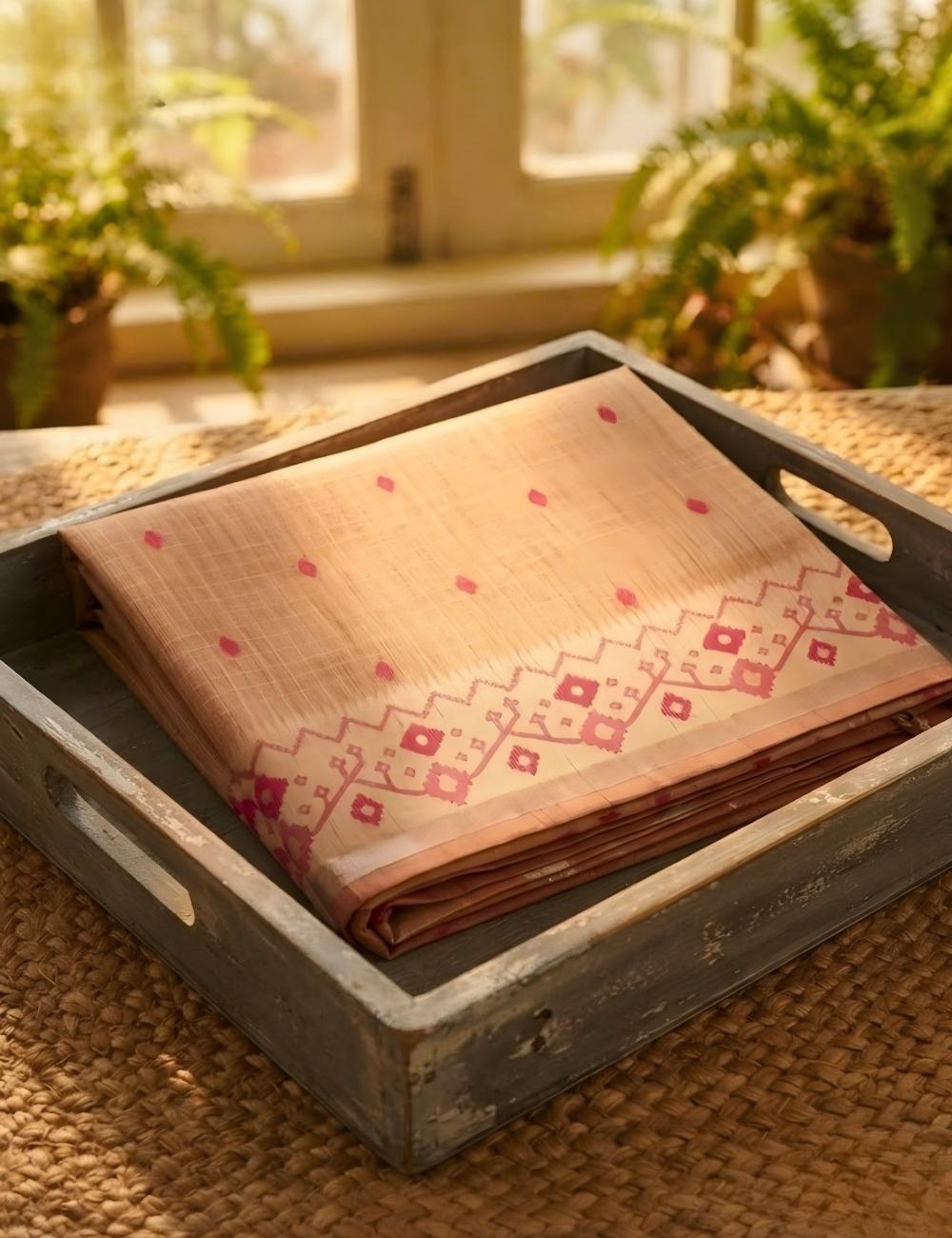 Beige Checked Cotton Saree with Pink Ikat Border