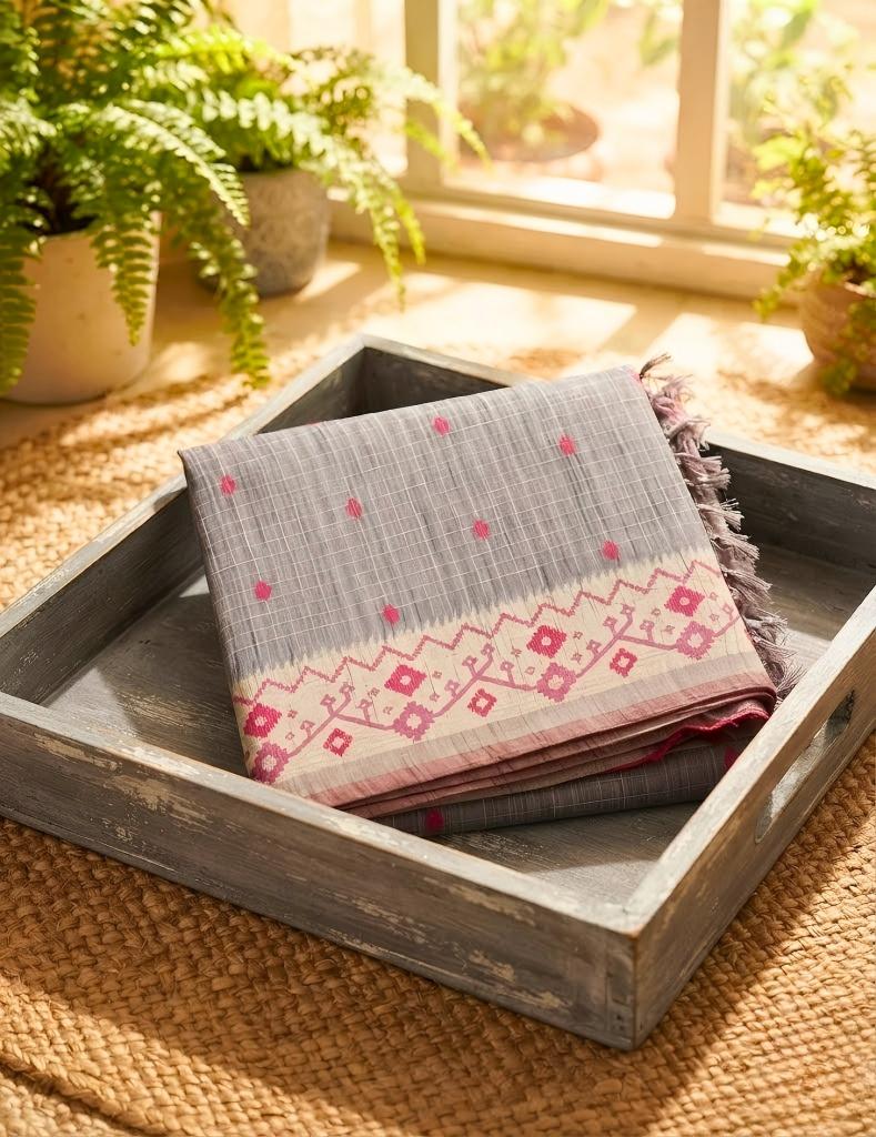 Grey Checked Cotton Saree with Pink Ikat Border