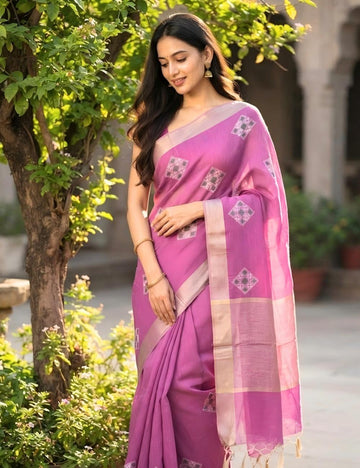 Magenta Pink Cotton Saree with Silver Diamond Motif & Border