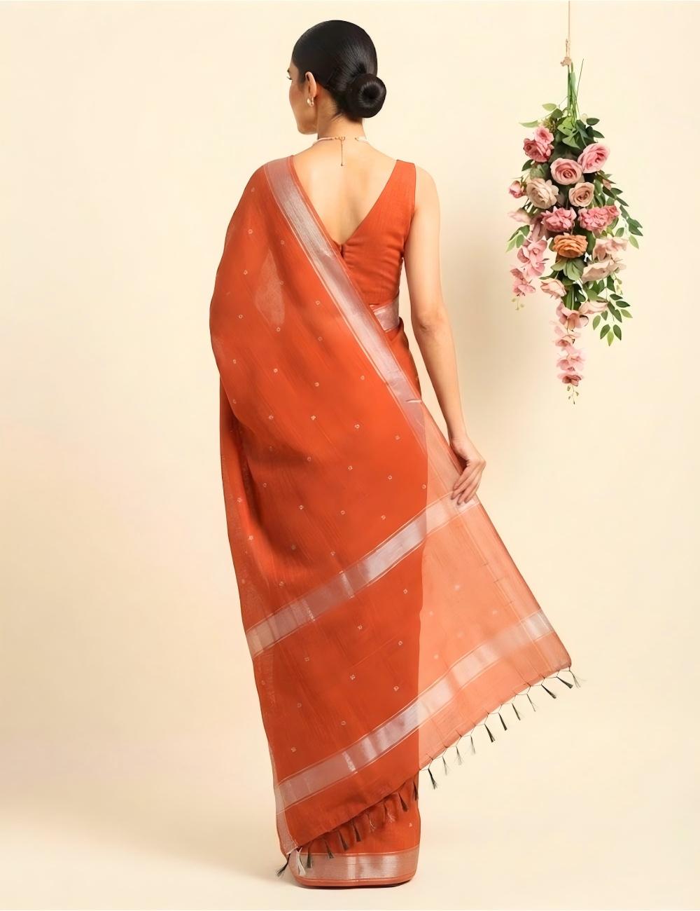 Maheshwari Cotton Saree – Orange & Navy with Butta & Zari Border