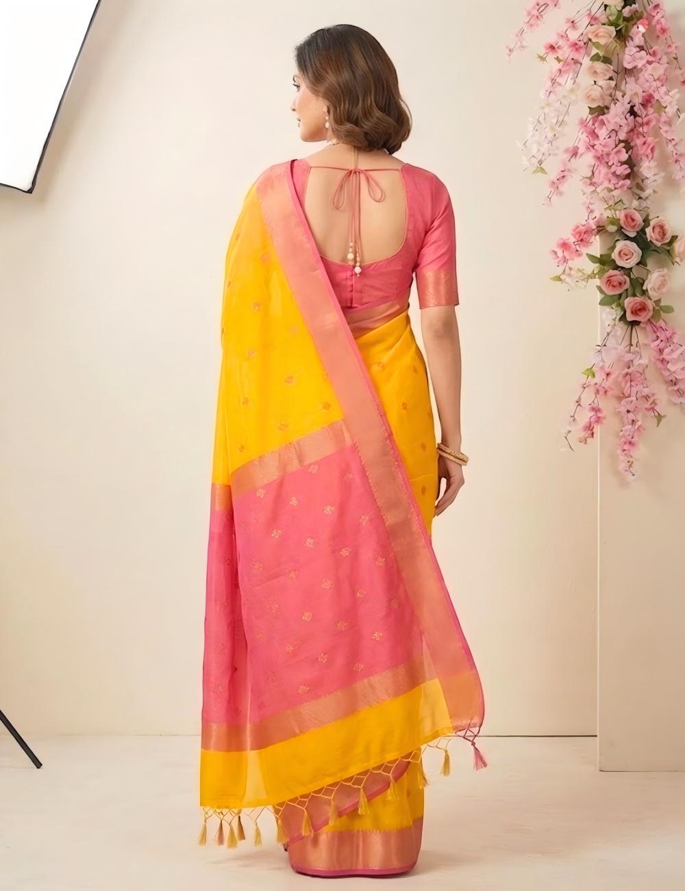 MAHESWARI SILK - Golden Yellow Silk Saree with Pink Zari Border