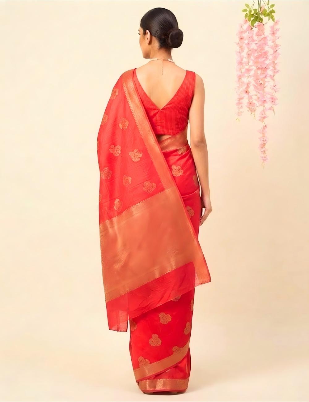 Red Pure Munga Silk Saree with Gold Zari Motif