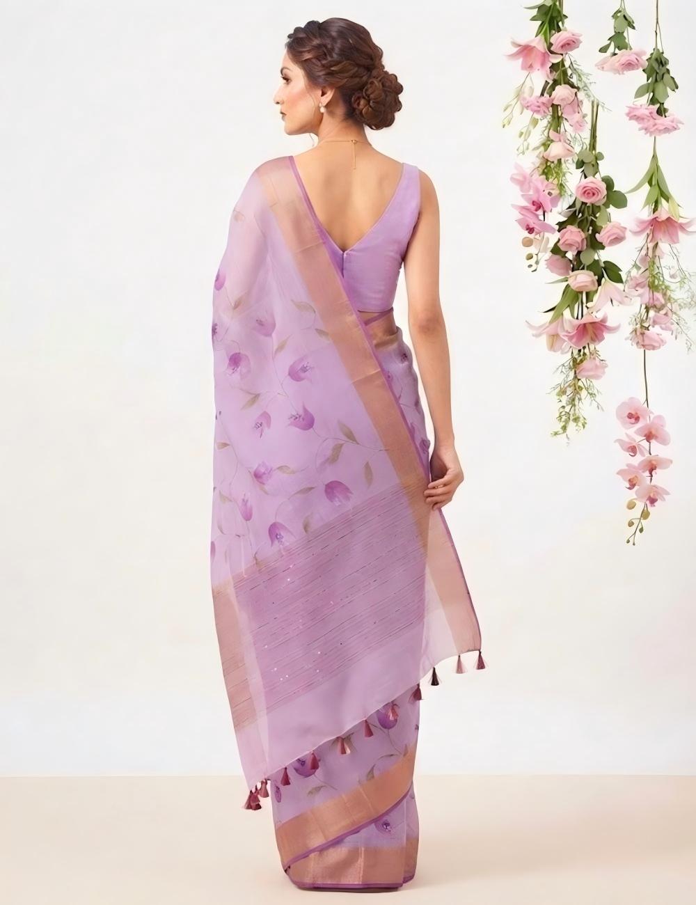 Lilac Pure Linen Saree with Embroidered Floral Motifs