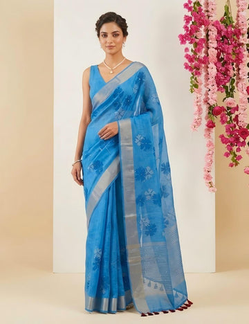 Sky Blue Pure Linen Saree with Embroidered Floral Motifs