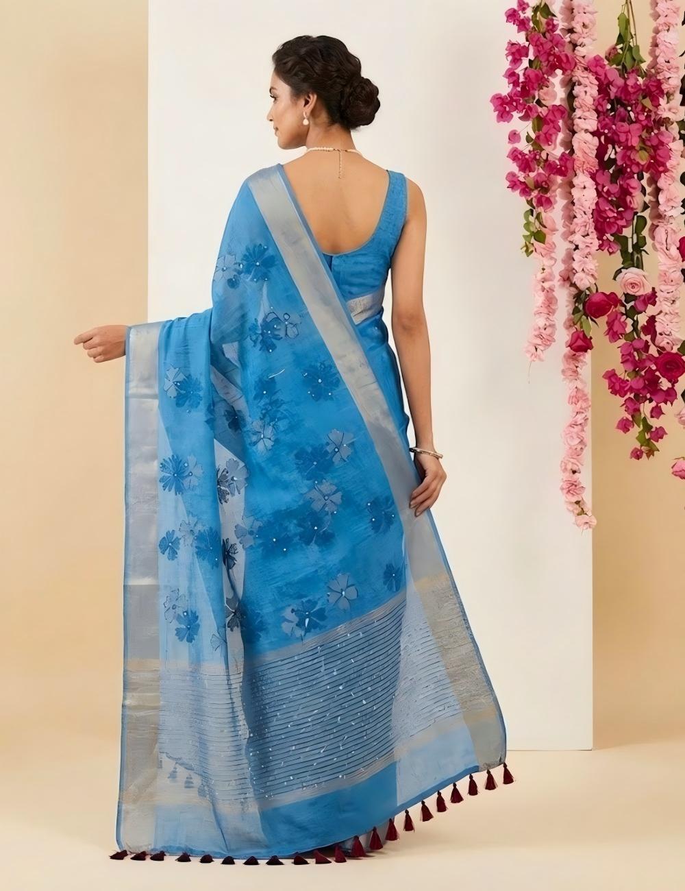 Sky Blue Pure Linen Saree with Embroidered Floral Motifs