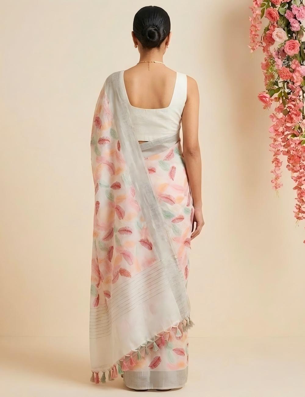 Pastel Pink Pure Linen Saree with Embroidered Feathers