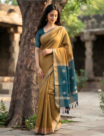 Teal Tussar Silk Saree with Diamond Motifs & Gold Border
