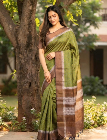 Olive Green Tussar Silk Saree with Floral Buti Print