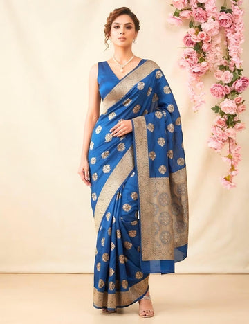 Navy Blue Viscose Crepe Silk Saree with Zari Buti Border