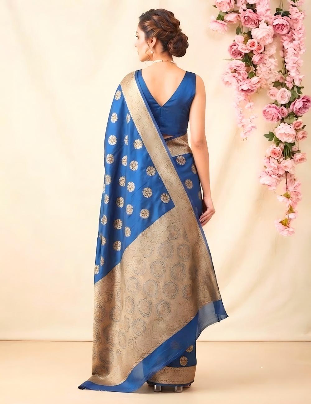 Navy Blue Viscose Crepe Silk Saree with Zari Buti Border