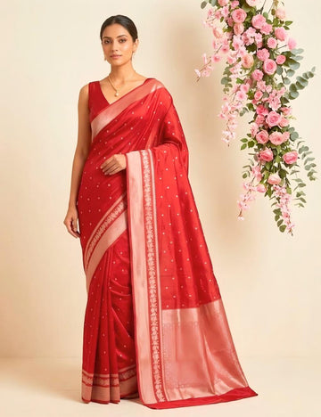 Red Viscose Crepe Silk Saree with Silver Zari Buttas