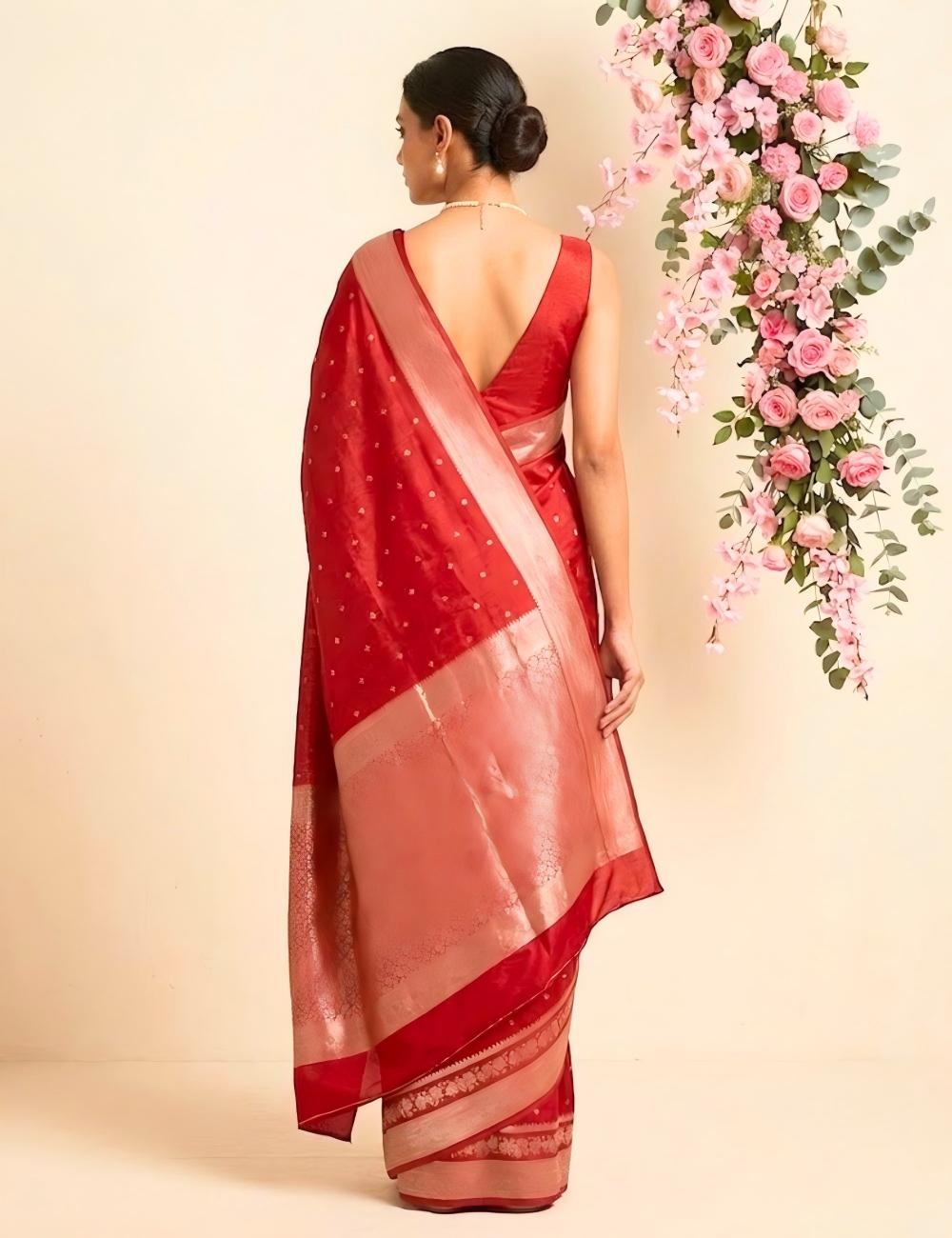 Red Viscose Crepe Silk Saree with Silver Zari Buttas
